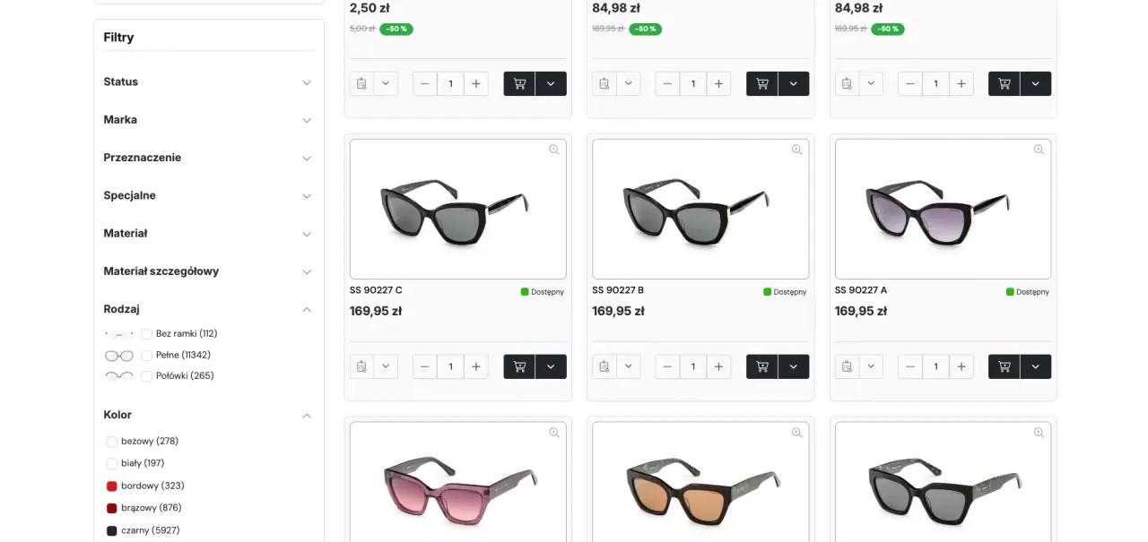 Listado de productos en una plataforma B2B con filtros y muestras de color basados en atributos