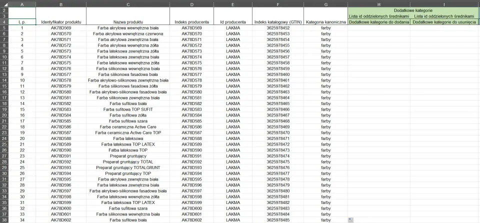 Hoja XLSX con datos de producto preparada para su importación