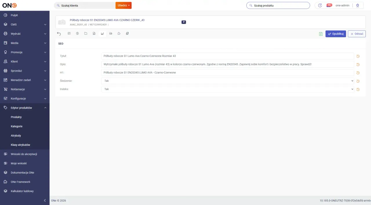 Campos SEO en la ficha de producto de ONe Product Hub