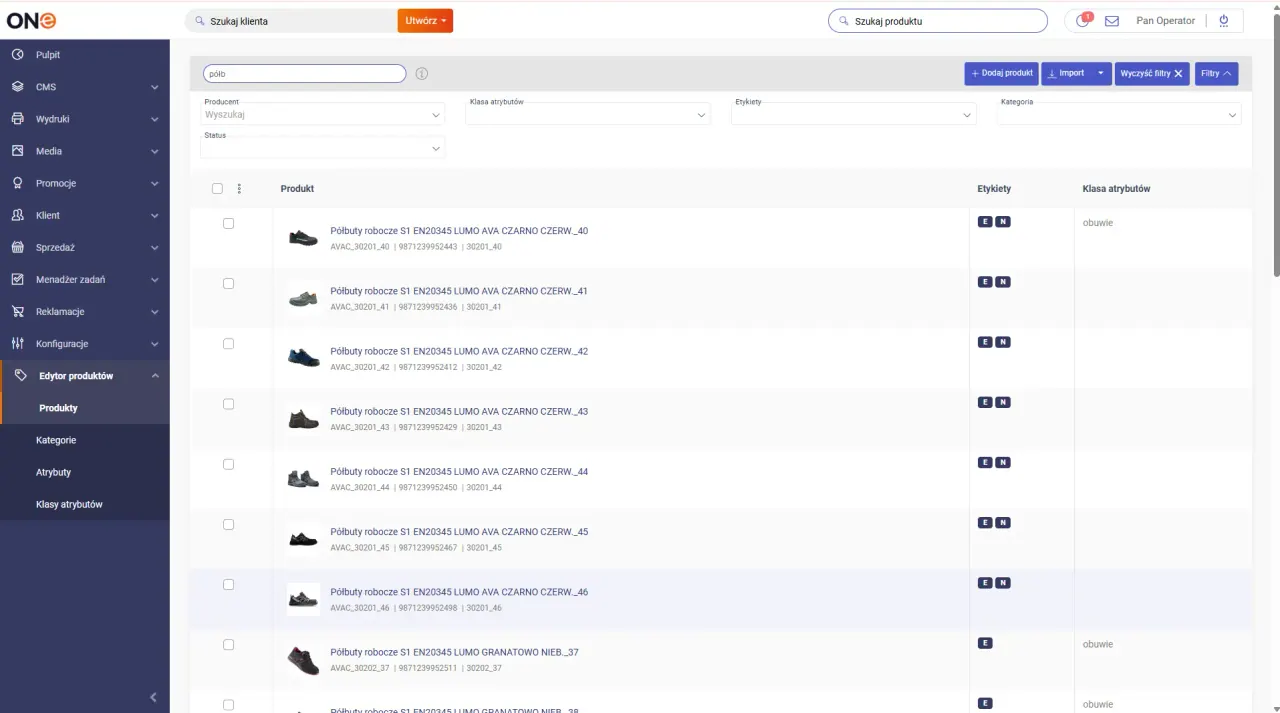 Lista de productos en ONe Product Hub y hoja XLSX para la importación masiva